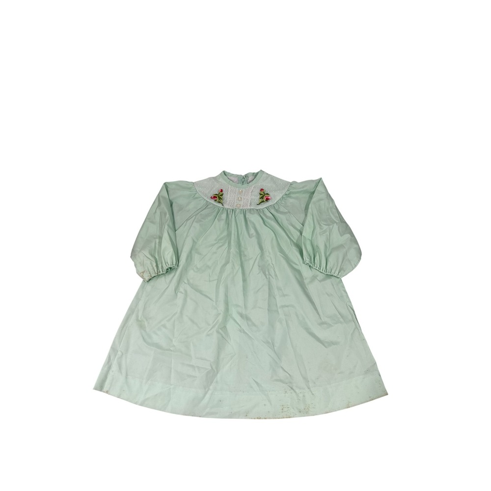 Vintage Ruth of Carolina Girls Mint Green Embroidered Rosebud Dress Size 4 USA